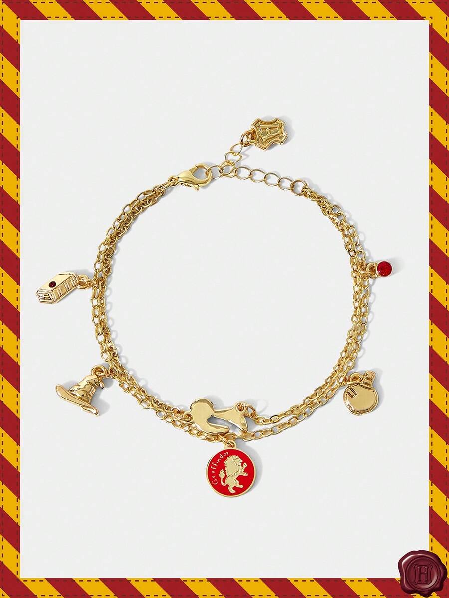 HARRY POTTER X SHEIN 1件可爱狮子图案双环巫师帽吊坠手链，优雅锆石手链 - 金色 - 查看 1