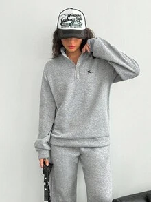 少女骑士印花长袖拉链连帽衫和运动裤休闲套装，秋季 - 灰色 - 查看 6