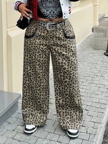 Jeanoix Plus Size Casual Leopard Print Denim Jeans, All Season - Brown - View 1