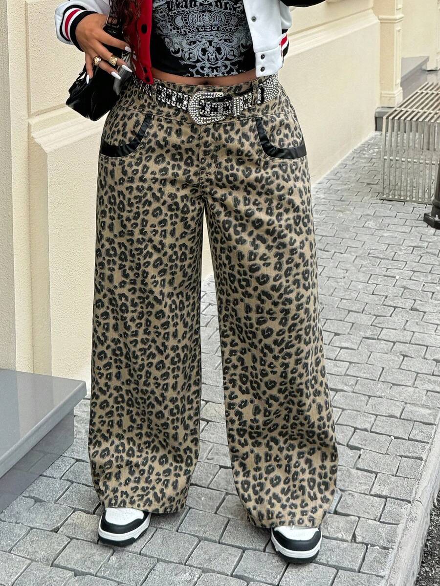 Jeanoix Plus Size Casual Leopard Print Denim Jeans, All Season - Brown - View 1