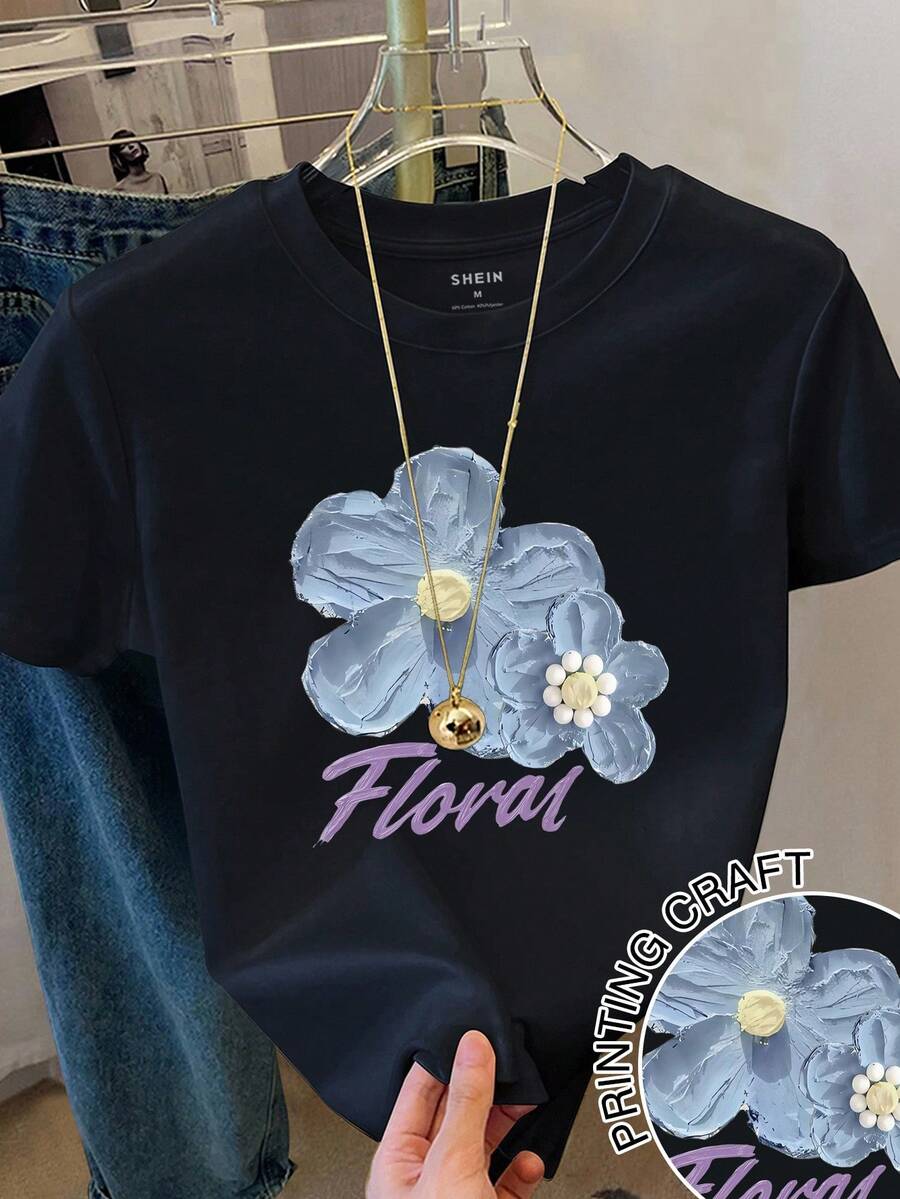 Franclia Áo thun nữ cổ tròn tay ngắn in hoa giản dị, mùa hè - màu đen - Xem 1