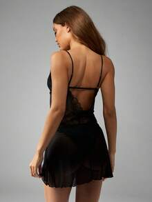 MISSGUIDED Váy ngủ ren đen, đồ lót babydoll mỏng, đồ ngủ lưới có dây đeo mảnh có thể điều chỉnh, đồ ngủ bằng vải voan dài ngắn - màu đen - Xem 2