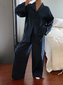 DAZY 简约纯色长袖和长裤宽松睡衣套装，秋季服装