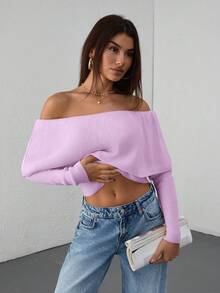 EURMUSE Casual Off Shoulder Bardot Ruffle Neckline Long Sleeve Sweater - Baby Pink - View 5