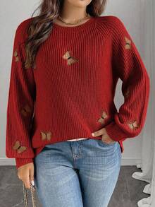 SHEIN Clasi 女士纯色针织蝴蝶结刺绣花朵长袖常规优雅套头毛衣，秋冬毛衣搭配蝴蝶结蝴蝶结毛衣优雅毛衣 - 紅色 - 查看 3