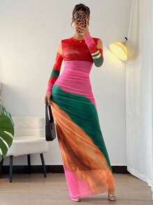 Chiquease Women's Tie-Dye Pleated Dress Maxi Women Outfit Fall Cloth For Women