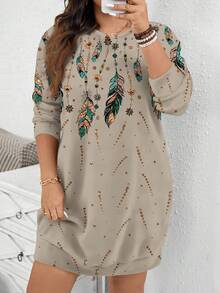 EMERY ROSE Vintage Gold Feather Print Casual Minimalist Plus Size Sweatshirt, Suitable For Parties, Fall/Winter - Multicolor - View 3