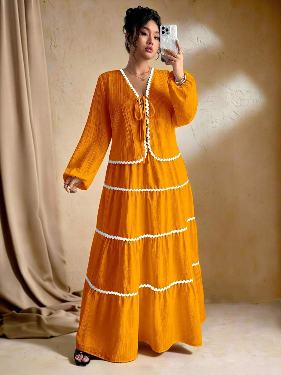 SHEIN Tall 加大码女式编织纹理长袖开衫，系带设计，撞色荷叶边下摆设计，松紧腰长裙，法式优雅浪漫两件套 - 亮橙色 - 查看 1