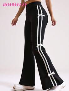 Sparklyn Pantalones casuales estilo colegial americano, a rayas en verde, para niñas preadolescentes - Negro - Ver 1