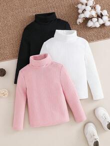 SHEIN 3pcs/Set Young Girls Ribbed Knit Long Sleeve Tops,Pink,White,Black Solid Color Stand Collar Shirts For Winter,School,Back-To-School Casual Wear - Multicolor - View 3