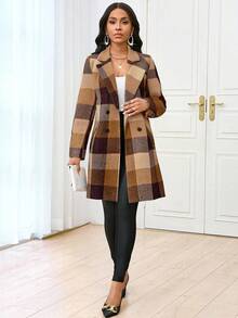 SHEIN Lady 女士经典格子驼色大衣，翻领，纽扣开合，装饰点缀，适合秋冬春三季，优雅温暖的冬装女士冬季夹克秋装秋装 - 彩色 - 查看 7