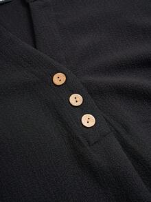 EMERY ROSE Plus Notched Neck Roll Tab Sleeve Top & Wide Leg Pants - Black - View 7