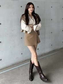 DAZY 女士纯色侧开衩短裙 夏季 - 卡其色 - 查看 3