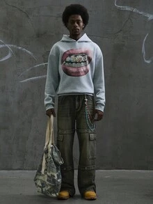 Manfinity ZONE917 Men Inlaid Rhinestone Teeth Mouth Print Grey Relaxed-Fit Thermal Lined Hoodie, For Fall Winter, Long Sleeve Top - Light Grey - View 13