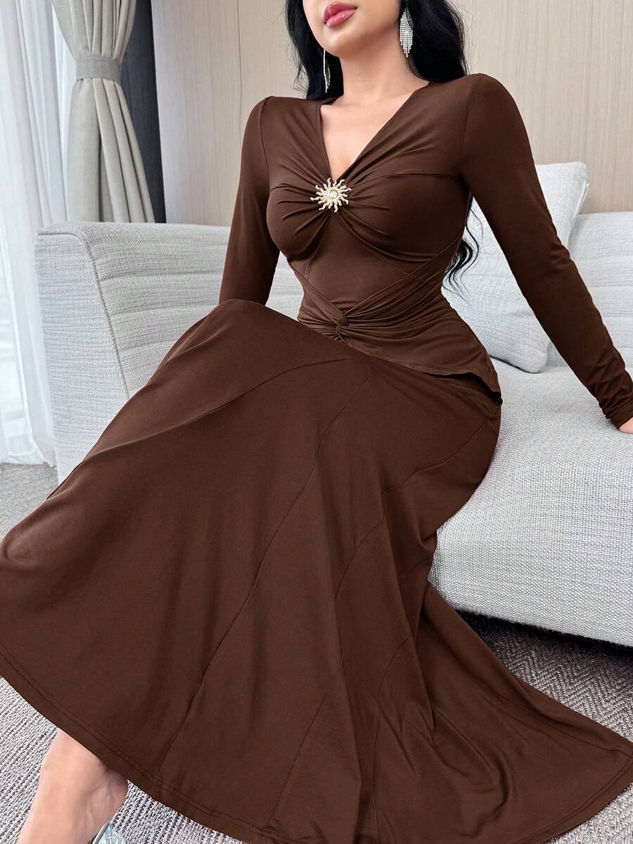 Feyla Twist, Ruched, Metal Decor, Waist Cinched, Long Sleeve, Elegant & Comfortable Party Dress ,Dresses For Women Elegant - Brown - View 1