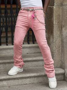 ROMWE MEN Street Life 男士休闲水洗修身水钻装饰牛仔裤 - 粉色 - 查看 5