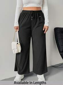SHEIN PETITE CURVE 大尺碼黑色抓絨保暖柔軟休閒抽繩寬鬆女款寬腿運動長褲，適合秋冬，Curve 秋冬 2026 - 黑色 - 查看 9
