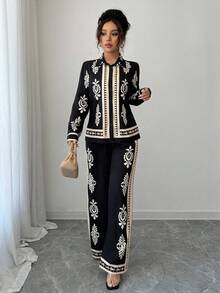 Breezaya 2 件套女士优雅风格花卉印花长袖衬衫和裤子套装 - 彩色 - 查看 1