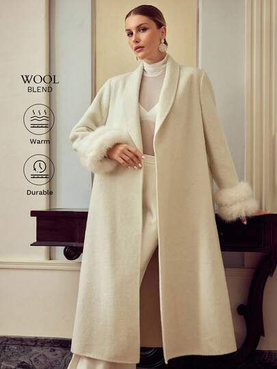 ZEYLAH Áo khoác len pha trộn thanh lịch dành cho nữ có cổ tay bồng bềnh, Thu/Đông