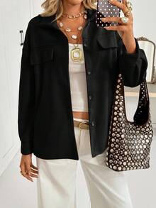 SHEIN Essnce Button Front Drop Shoulder Solid Coat In Fall/Winter - Black - View 5