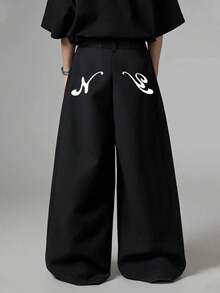 ROMWE MEN Casual 男士时尚宽松阔腿西装裤，休闲简约印花长裤，秋季 - 黑色 - 查看 1