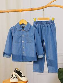 Genkimix Kids YoungBoys Casual Long Sleeve Denim Set, Featuring Minimalist & Loose Lapel, Practical Side Pockets On Front, Paired With Comfortable Pants, Showcasing Simple And Elegant Design, Suitable For Everyday Wear, School, Travel And Leisure In Spring And Autumn