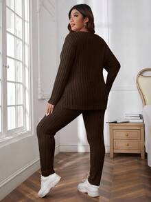 SHEIN Cottnline Plus Size Comfortable Knit Ribbed 2 Pieces Set - Brown - View 2