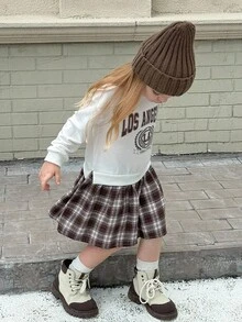 Playful Pals Felpa girocollo con colletto e polsini a costine per bambine, con orlo a quadri della gonna, vestito casual a maniche lunghe con stampa frontale, autunnale - Multicolore - Visualizzare 4