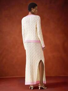 Zivah Conjunto de cárdigan con ribete de punto de cable y falda maxi con ribete rosa en contraste para otoño/invierno
