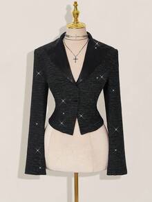 SHEIN ICON Women's Slim Fit Shiny Fabric PU Collar Patchwork Blazer Jacket In Fall/Winter - Black - View 3