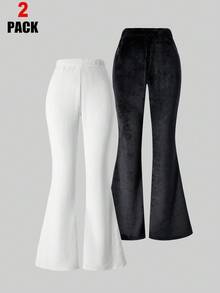 2条装少女优雅高腰喇叭双面法兰绒裤，适合休闲和居家穿着，带衬里，白色、黑色百搭秋冬款 - 彩色 - 查看 4