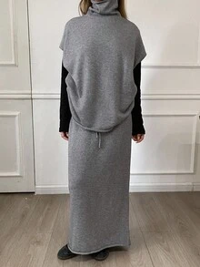Livesso Women's Solid Color Casual Loose High Neck Sleeveless Knit Vest And Straight Skirt 2-Piece Set, Autumn/Winter - Grey - View 3
