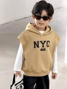 SHEIN Buy 2 Get 1 Free Young Boys Casual Korean Style Loose Fit Comfortable Fashion Minimalist Practical Versatile Long Sleeve T-Shirt, Hooded Vest, And Black Pants Multi-Piece Set, Suitable For First Day Of School, Kids Outfits, Young Boy Clothes, School Back To School, Boys Sets, Boys Outfits, Suitable For Daily Wear, School, Travel, Sports, Autumn/Winter Season,Kids' Back To School, Fashionable Boy Clothes - Khaki - View 7