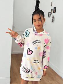 SHEIN 少女休闲宽松舒适字母图案卫衣，中长款，秋冬款 - 米色 - 查看 4