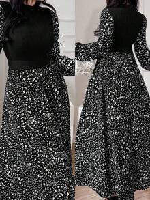 Modelyn Robe arabe élégante pour femmes avec col montant, manches lanternes et patchwork à motif floral - Noir - Voir 1