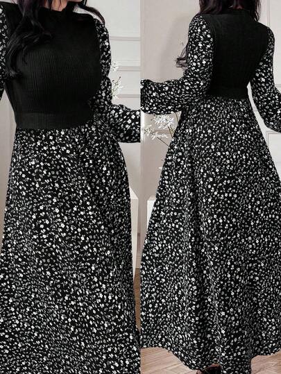 Modelyn 女式立领灯笼袖拼布碎花优雅阿拉伯连衣裙