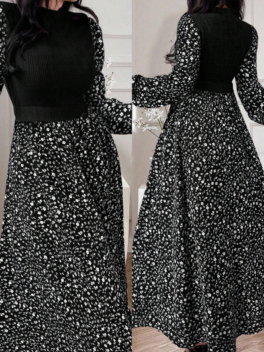 Modelyn Robe arabe élégante pour femmes avec col montant, manches lanternes et patchwork à motif floral - Noir - Voir 1