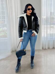 SHEIN SXY 女士复古摩托车皮夹克，短款，仿保暖内衬，加厚保暖毛领，搭配长靴，时尚百搭，适合女性，短款皮夹克，冬季女装，90年代风格，女士冬季 - 黑色 - 查看 4