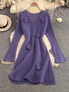 Modelyn 秋冬女士花卉V领休闲毛衣裙 - 紫色 - 查看 1