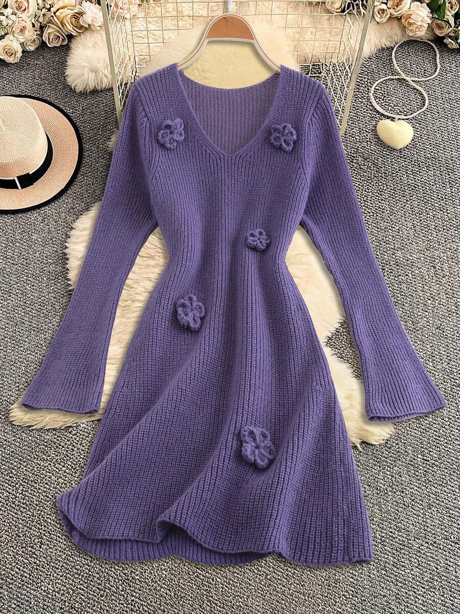 Modelyn 秋冬女士花卉V领休闲毛衣裙 - 紫色 - 查看 1