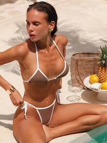 Swim Chiccia Color-Block Halter Neck Back Tie Bikini Set With Contrast Binding Bathing Suit For Summer Beach - Coffee Brown - View 7