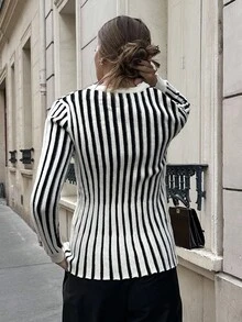 Chiquease Cardigan rayé à manches longues élégant de style français pour femmes, automne - Nude - Voir 2
