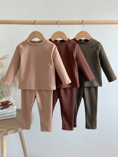 SHEIN 2件套男婴纯色T恤和裤子套装