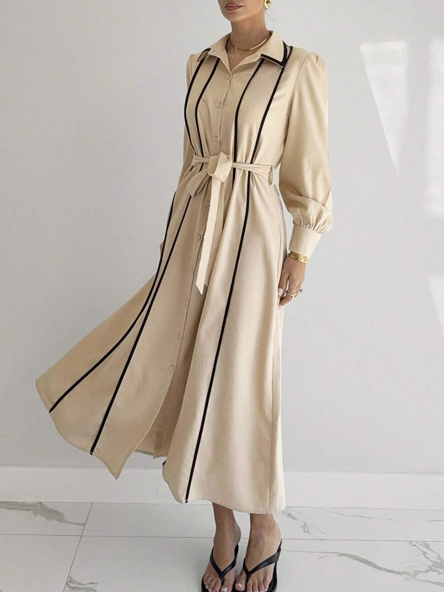 Siren Gaze 优雅休闲女装秋季秋装女装冬装，2025新款奢华老钱风格亚麻连衣裙，条纹长袖单排扣系带衬衫裙，杏色配黑色饰边，适合工作、派对、婚礼嘉宾、海滩、圣诞节、感恩节、万圣节、新年 - 杏色 - 查看 1