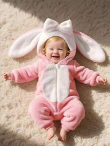 SHEIN 新生儿可爱3D蝴蝶结兔耳连帽长袖连体衣秋冬款 - 淺粉色 - 查看 1