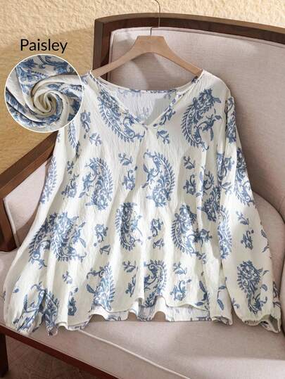 Rusticease 大码女式V领印花优雅长袖衬衫蓝色花卉上衣，适合秋季穿着，复古乡村风格，适合女性，乡村风，适合冬季穿着，适合秋季穿着，适合乡村音乐会风格