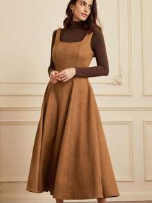 GENKIRA Suede Fabric Sleeveless Elegant Fitted Waist Dress With Flared Skirt - Khaki - View 4