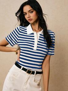 Poéselle Áo thun polo tay ngắn cổ bẻ mặc thường ngày cho nữ - Màu xanh lam - Xem 3