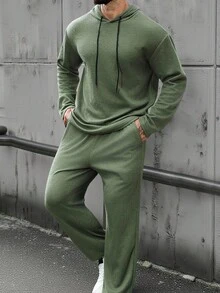 Manfinity Homme 男士优质纹理休闲连帽衫套装，弧形下摆，送给男朋友或丈夫的完美礼物，INS 风格 - 軍綠色 - 查看 1