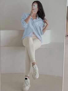 DAZY Áo sơ mi trơn tay dài màu xanh, cài nút đơn giản, dáng rộng, màu trơn dành cho nữ, mùa thu - Màu xanh lam - Xem 4